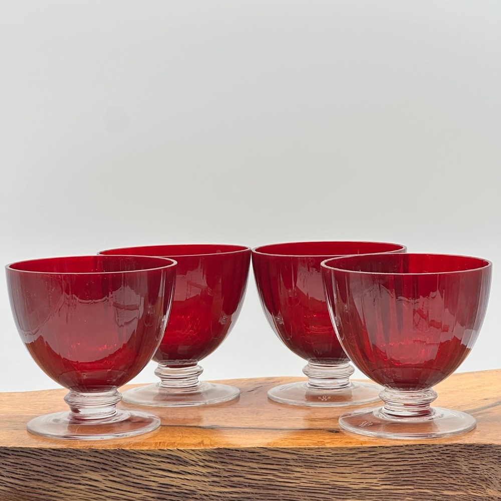 Ruby Red Glass Footed Sherbet Dessert Bowls Set of 4 Vintage Clear Base